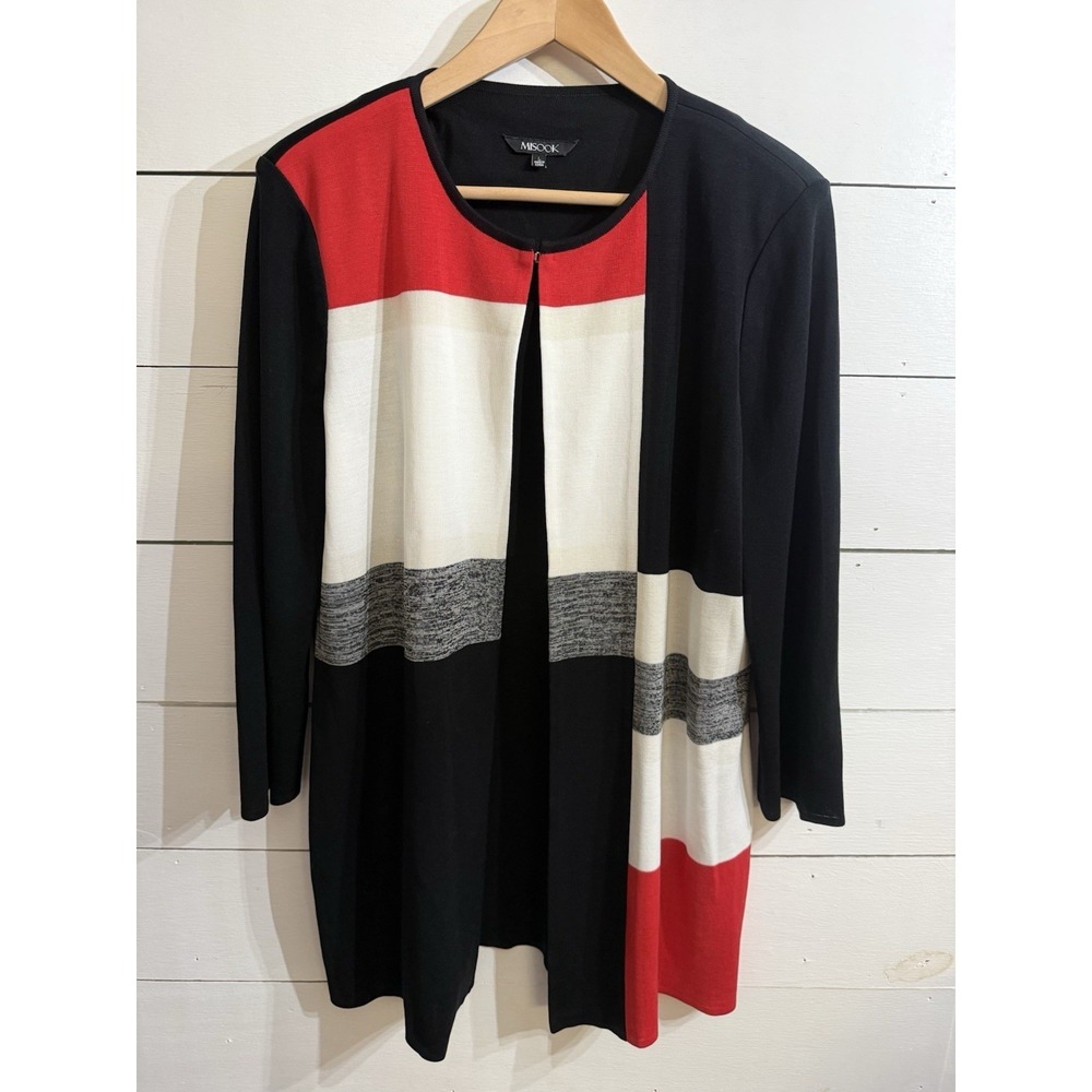 Misook Womens Knit Cardigan Size Large Black Red White Colorblock Open Front